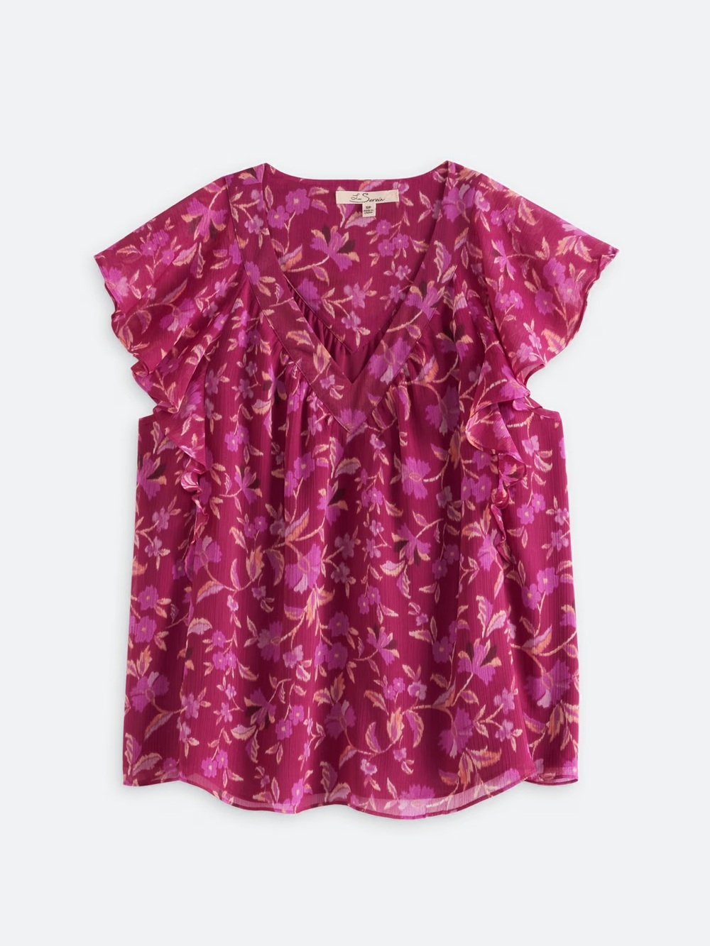 Les Serein Magenta Floral V-Neck Flutter Sleeve Top
